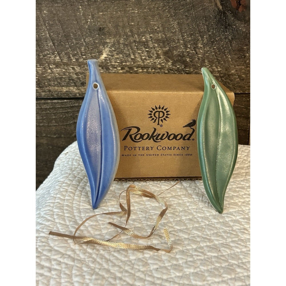 Rookwood Pottery Leaf Ornament Pair Ceramic‎ Gift Tags Green & Blue NEW